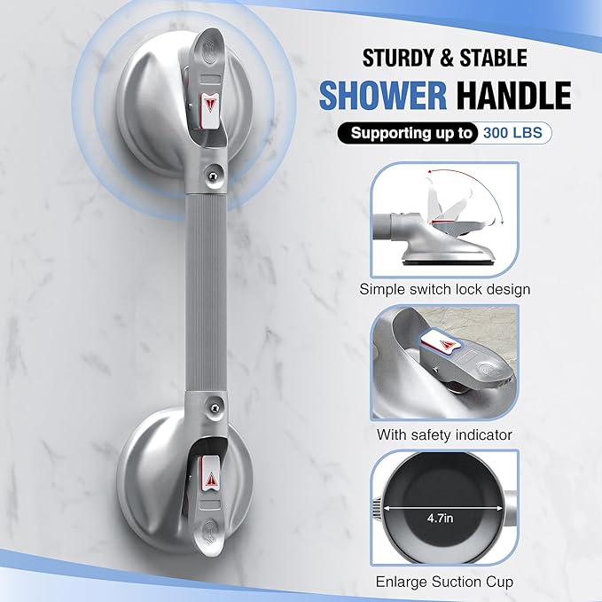 DAILYLIFE Grab Bars for Bathtubs and Showers, 15 inch Shower Handles for Elderly Suction, 300lbs Safety Shower Grab bar for Seniors and Elderly, Silver(1 Pack)