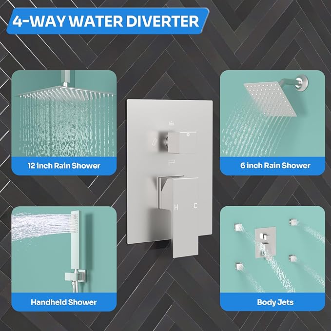 Enga Shower Systems with 4 Body Spray Jets, 4 Way 12+6" Rainfall Shower Head with Handheld Combo, Ceiling Mounted Shower Jets System in Wall Shower Faucet Sets Complete, Brushed Nickel