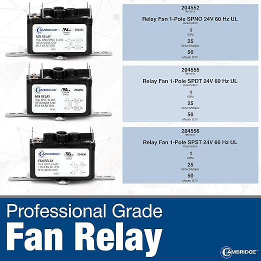 Cambridge Professional Grade 24V AC Fan Relay, 25A 14FLA 84LRA 125V / 8FLA - Image 2
