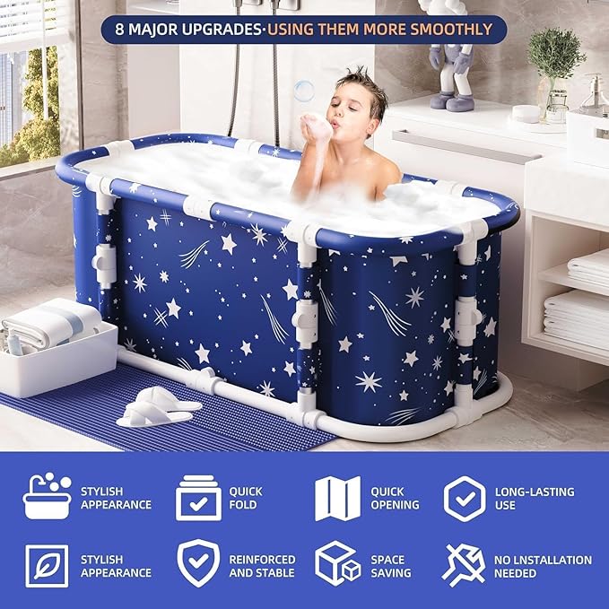 Portable Bathtub, 47“ Foldable Bathtub-Installation Free, 7 Layers Thicken with Metal Support, Therapy Tub for Shower Stall Fold Up Soaking Bath Tub, Hot SPA, Ice (Classic Star EA6)