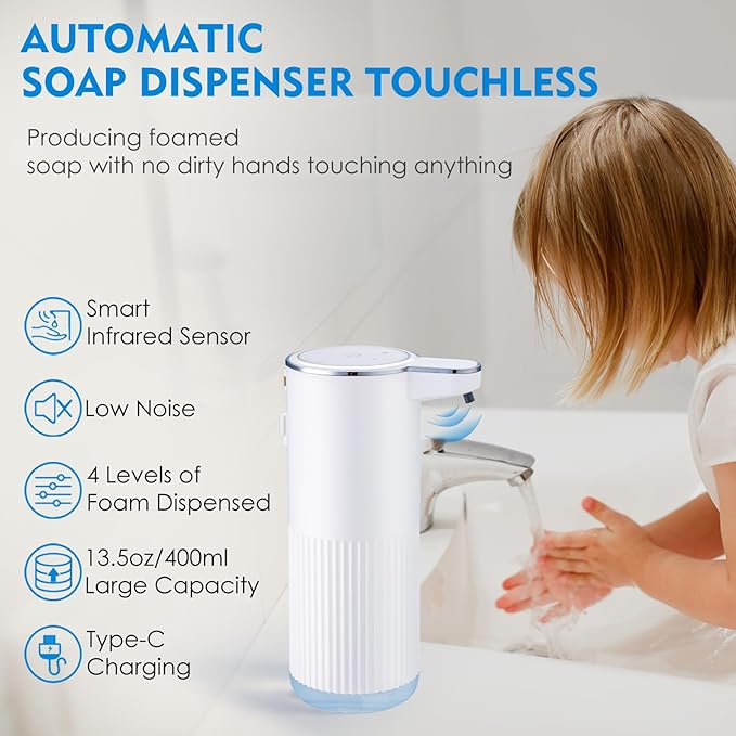 Automatic Foaming Soap Dispenser, 4-Level Adjustable Electric Foam Hand Soap Dispenser, USB Rechargeable Touchless for Bathroom Countertop, Kitchen, 13.5oz, Wall Mounted(White)