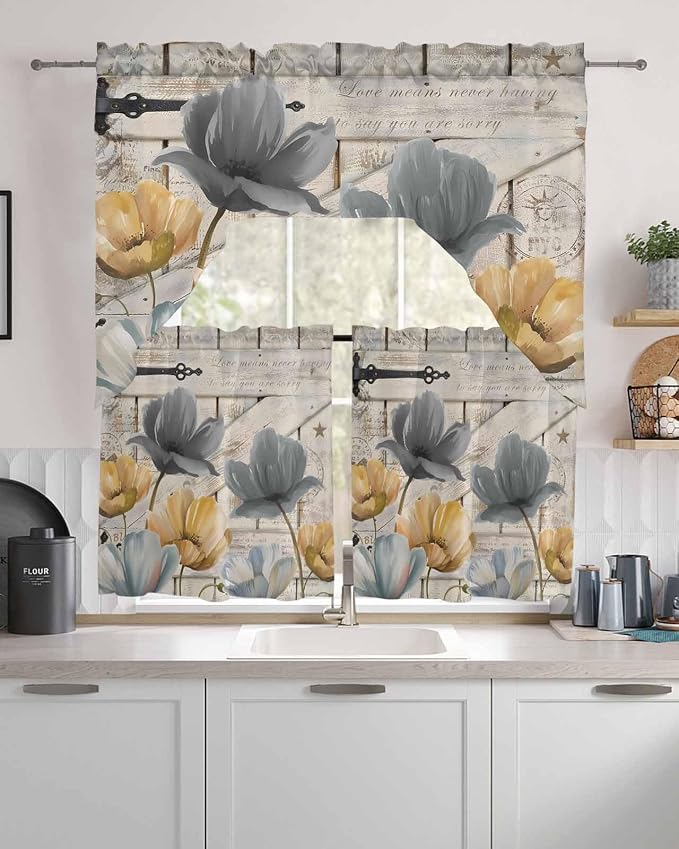Vintage Tulip Swag Kitchen Curtains Valance and Tier Set, Farmhouse Retro Blue - Image 2