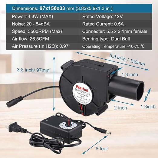 Wathai BBQ Air Mover Blower Fan 12V 97mm x 33mm, Variable Speed Centrifugal Fan - Image 2