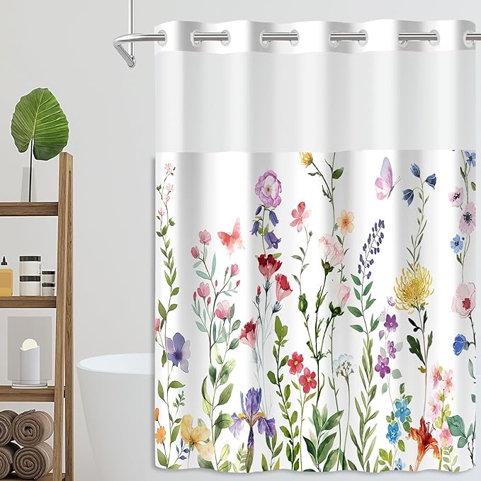 No Hook Shower Curtain Set with Snap in Fabric Liner for Bathroom,with See Through Top Window,Double Shower Curtain with Detachable Liner Replacement,Machine Washable,Garden,71"x 74"