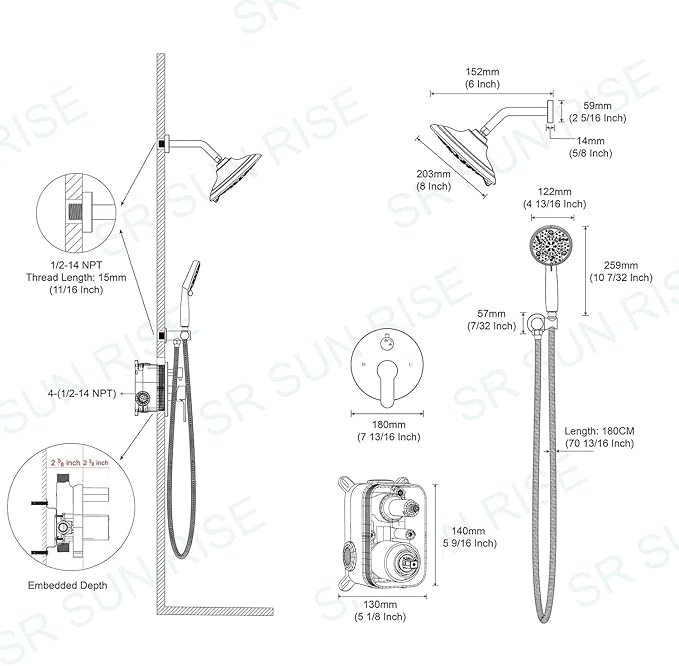 SR SUN RISE Shower Faucet - 8 Inch Multifunctional High Pressure Shower Head System with Handheld Shower Head Fixtures - Valve Included - Matte Black