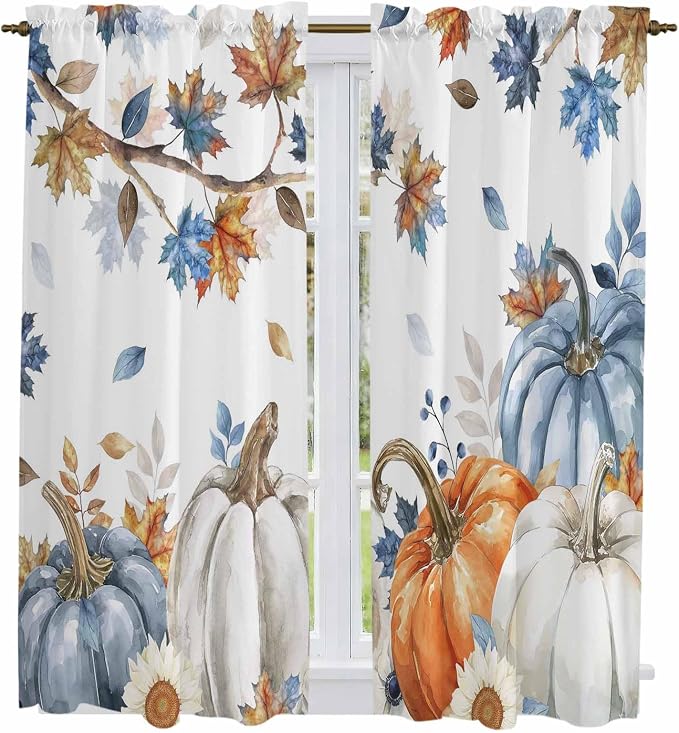 Navy Blue Pumpkin Fall Window Curtains 63 Inch Long 2 Panel Set, Rod Pocket - Image 2