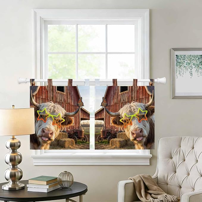 Farm Yaks Kitchen Curtains 24 Inch Length, Small Window Curtains Tab Top - Image 2