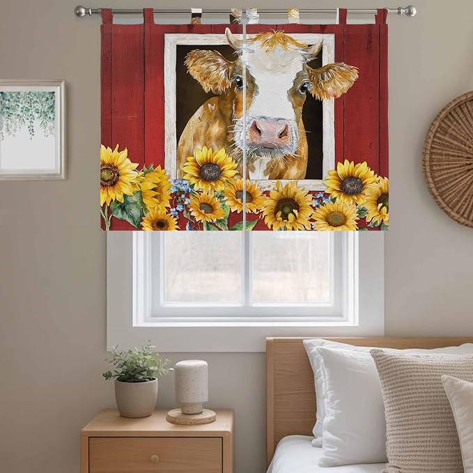 Cows Sunflowers Kitchen Curtains 45 Inch Length, Short Cafe Window Curtains Tab - Image 9
