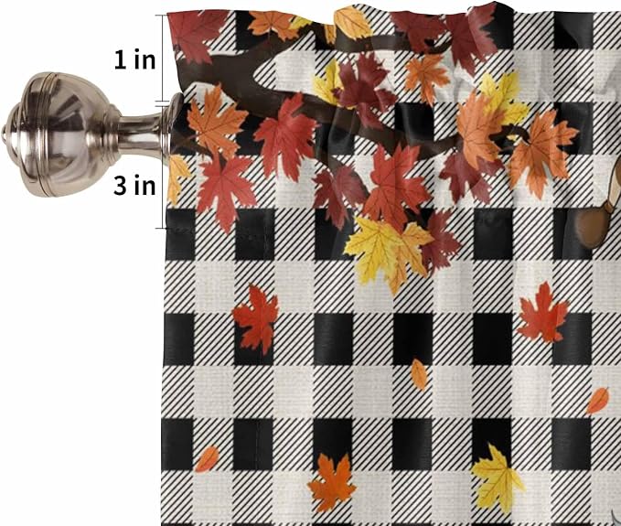 Thanksgiving Gnomes Kitchen Curtain Set, Fallen Maple Leaf Pumpkin Black Plaid - Image 5