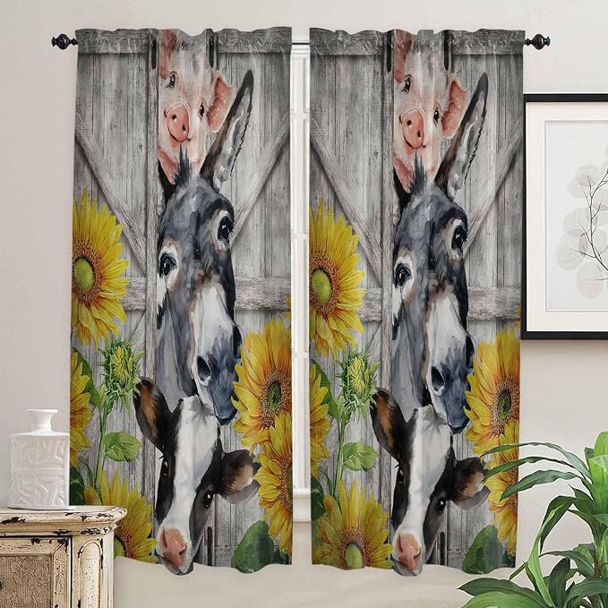 Farmhouse Living Room Curtains 72 Inches length, Vintage Sunflowers Animals - Image 2