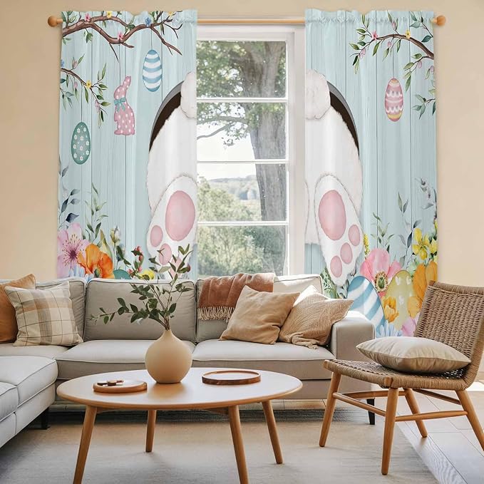 Easter Bunny Window Curtains 72 Inch Long 2 Panel Set, Rod Pocket Long Curtains - Image 3