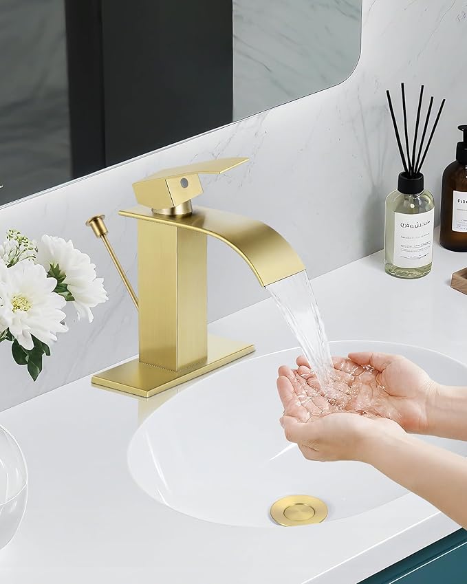 Bathroom Faucets with Lift Rod Drain Brushed Gold Waterfall Bathroom Sink Faucet Modern Single Handle Bathroom Faucet for 1 or 3 Hole Mxier Tap Washbasin Faucet with Deck