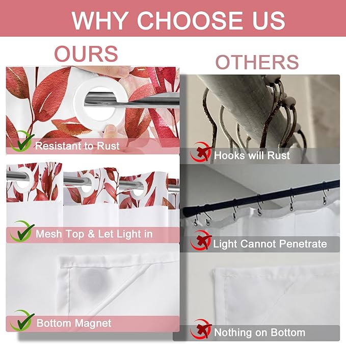 No Hook Shower Curtain and Liner Set, Red Eucalyptus Floral Shower Curtains for Bathroom, Bath Curtain Sets with Snap in Liner, Waterproof with See Through Top Window, 71x74 Inches