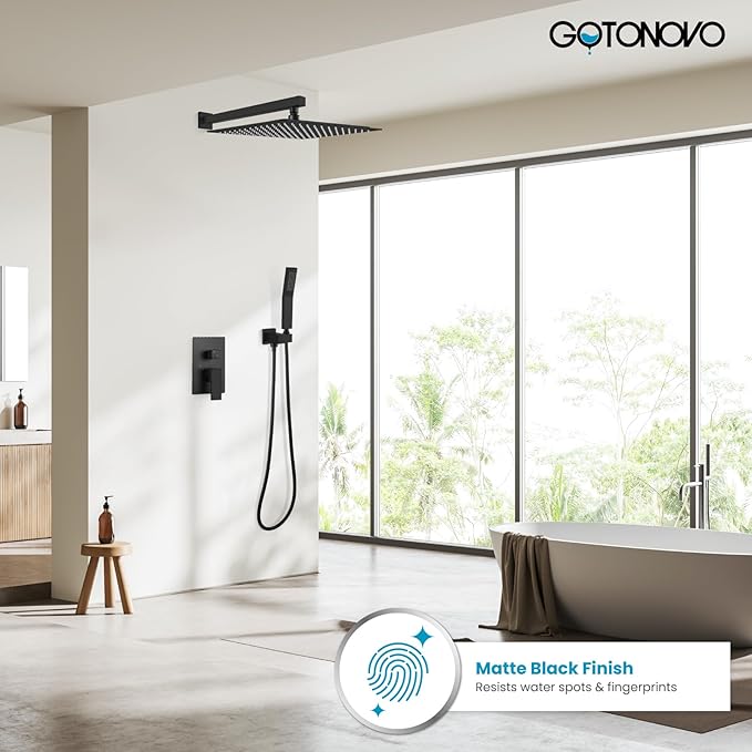 gotonovo Rainfall Bathroom Shower System Rain Shower Head and Handle Set Wall Mounted Shower Complete Combo Solid Brass Pressure Balancing Shower Mixer Valve 16 Inch Matte Black