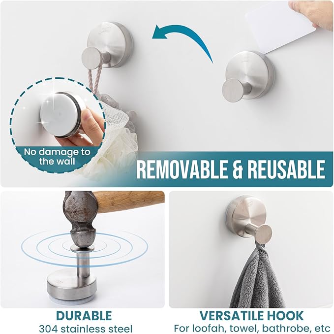 TAILI Stylish 304 Stainless Steel Bathroom Suction Hooks for Towel, Bathrobe, Loofah, No Damage Hanging Glass Shower Wall Hook, Patented Strong Suction Cup Holder, Hold Up to 11 Lbs, O-Cylinder Silver