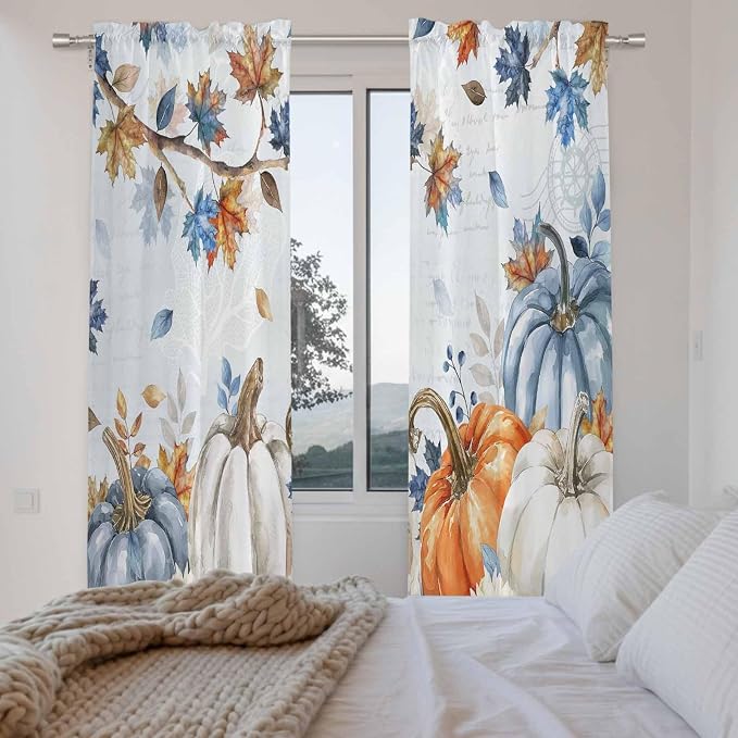Fall Blue Maple Window Curtains 72 Inch Long 2 Panel Set, Rod Pocket Long - Image 4