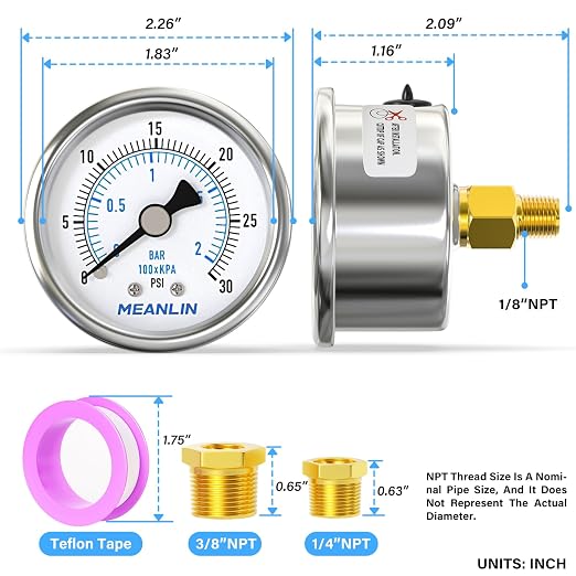 MEANLIN MEASURE 0~30Psi Dry Low Pressure Gauge Stainless Steel 1/8" NPT 2" FACE - Image 2
