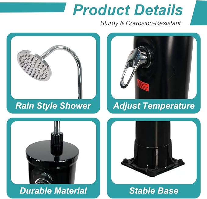 4.8 Gallon Solar Heated Outdoor Shower, 7 FT Freestanding Outside Shower with Shower Head & Foot Shower Tap for Poolside Backyard Beach, Black