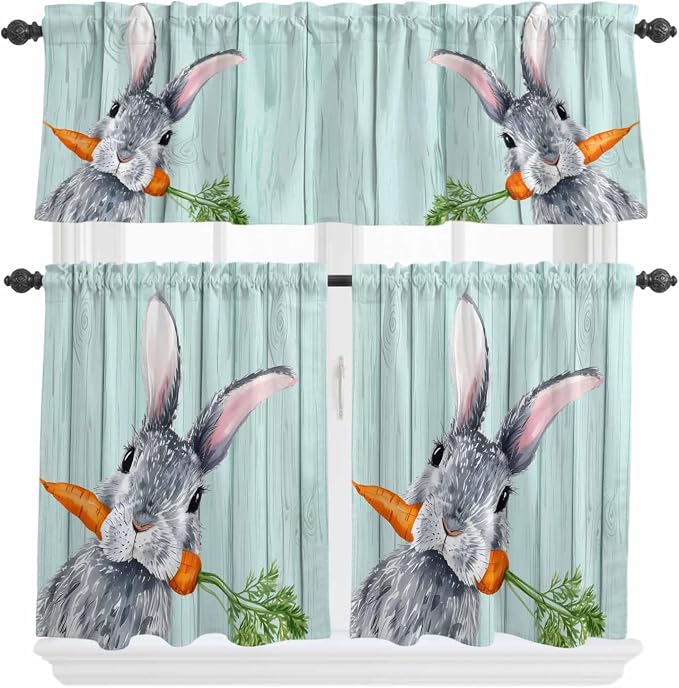Easter Kitchen Curtain Set, Spring Rabbit Botanical Carrots Green Wooden Grain by Unknown