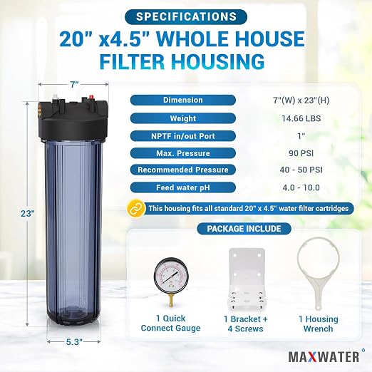 Max Water Whole House 20" x4.5" Purple Clear WH Water Filter Housing 1 inch - Image 2