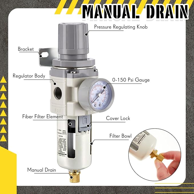 Tuanse Manual Drain 3/8" NPT Compressed Air Filter Regulator Piggyback Combo - Image 3