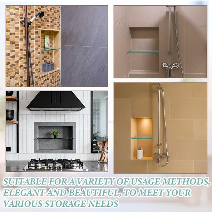 1 Pcs 3-3/8" x 12" 3/8" Glass Shelf for Shower Niche, Tempered Glass Shelf Floating Shelves for Bathroom Essentials DIY Storage Decoration, Easy Install Support Plate