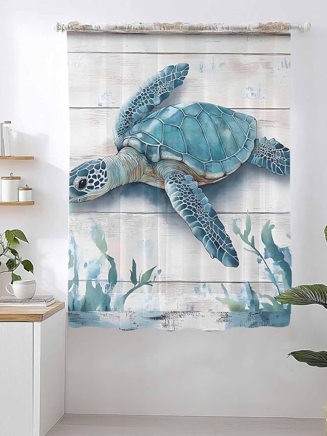 Sheer Curtains 72 Inches Long, Teal Green Sea Turtle Semi Sheer Curtains Light - Image 2
