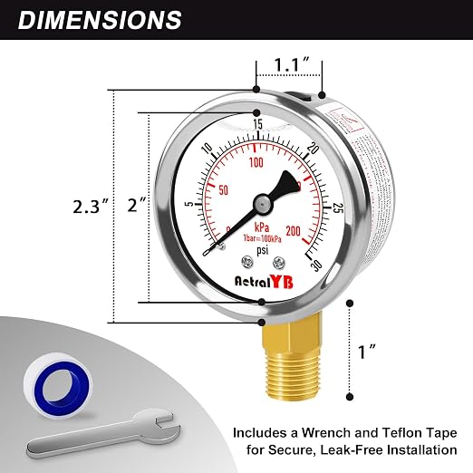 0-30 PSI Pressure Gauge, Glycerin-Filled, 2-Inch Stainless Steel Gauge - Image 5