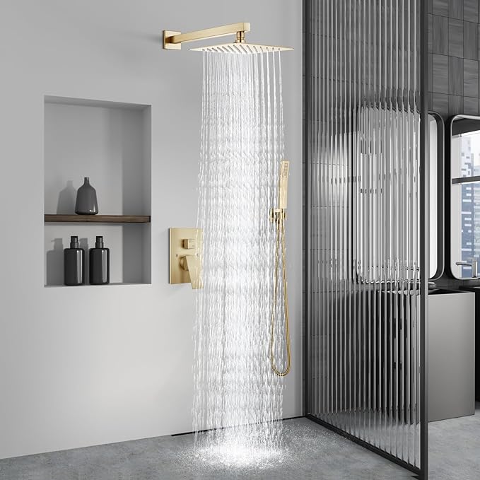 Aolemi Shower Faucet Set Rain Shower System with Handheld Spray Bathroom Shower Combo Rough-in Valve and Shower Trim Kit Included Brushed Gold 8 Inch Wall Mount Shower Head