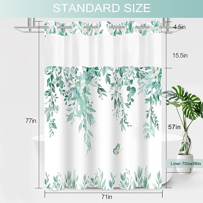 No Hook Shower Curtain and Liner Set, Teal Eucalyptus Floral Shower Curtains for Bathroom, Bath Curtain Sets with Snap in Liner, Waterproof with See Through Top Window, 71x77 Inches
