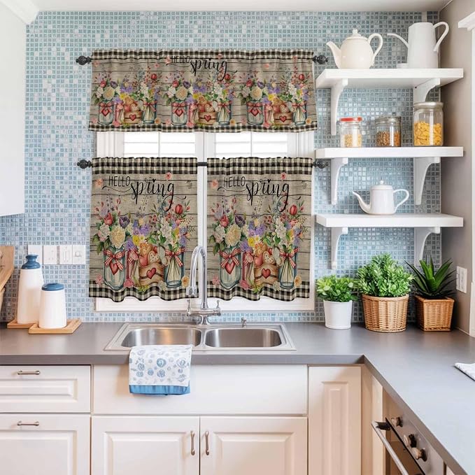 Spring Flowers Kitchen Curtain Set, Farmhouse Vintage Black Plaid Wood Grain - Image 6