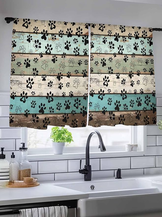 Sheer Curtains 54 Inch Length, Sage Green Brown Paw Prints Semi Sheer Curtains - Image 5