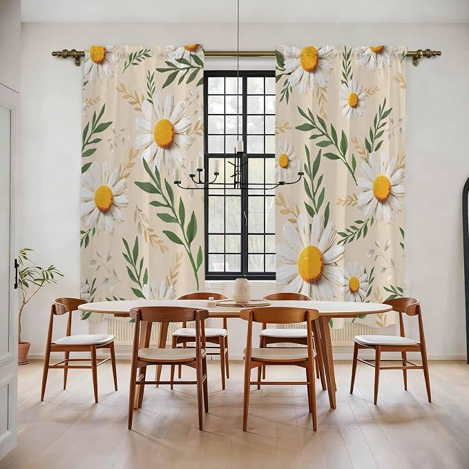 Spring Daisy Kitchen Curtains, Country Watercolor Flower Leaf Plant Light - Image 2