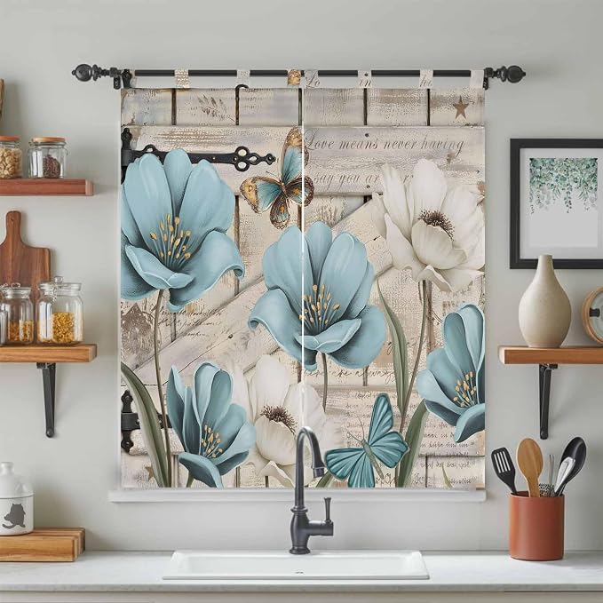 Teal Blue Tulips Bedroom Curtains 72 Inch Length, Window Curtains Tab Top - Image 3