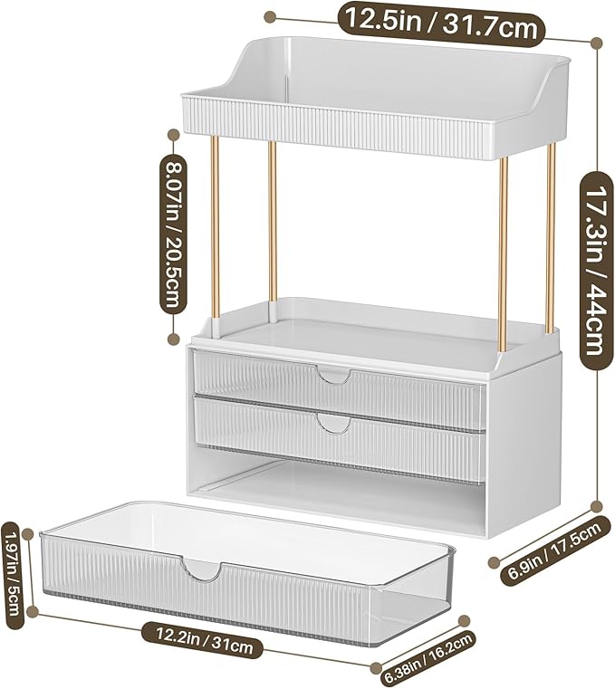 5 Tiers Bathroom Counter Organizer - 3 Drawers Makeup Organizer, Cosmetic Storage Drawer for Dresser Countertop and Bathroom Vanity for Large Skincare, Perfume, Clear