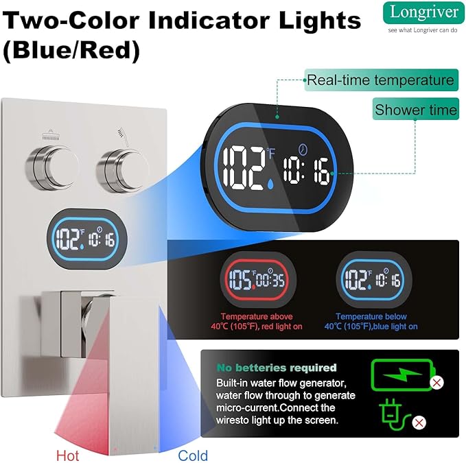 Push Button Diverter Shower Faucet Set Hydro Power Temperature Display, Shower System 10 Inch Shower Head with Handheld Spray, Wall Mounted Shower Fixtures with Valve and Trim Kit, Brushed Nickel