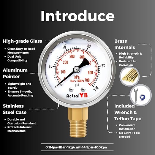 Glycerin-Filled Pressure Gauge, Brass Internal 2-Inch Gauge, Stainless Steel - Image 2