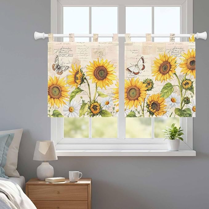 Yellow Sunflowers Kitchen Curtains 24 Inch Length, Small Window Curtains Tab Top - Image 9