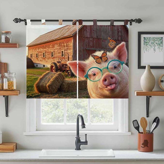 Farm Pig Kitchen Curtains 45 Inch Length, Short Cafe Window Curtains Tab Top - Image 3