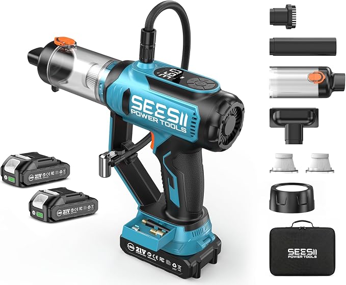SEESII 3-in-1 Tire Inflator: Portable Air Compressor & Car Vacuum Cleaner & Led by Seesii
