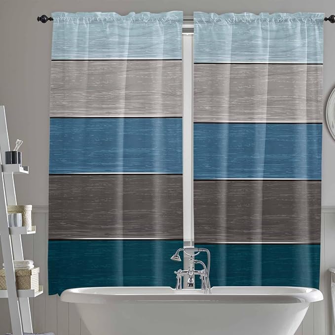 Retro Farm Blue Gray Wood Grain Window Valance Curtains, Rustic Wooden Plank by IDOWMAT