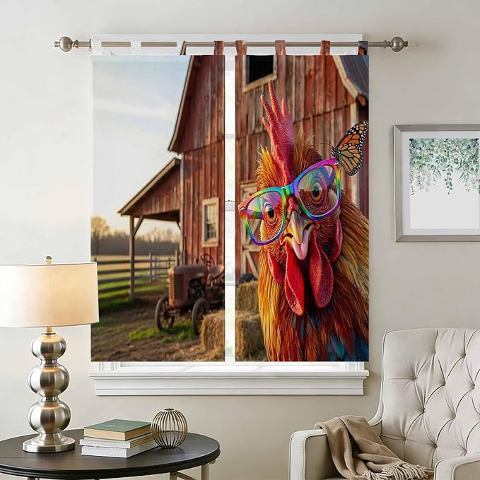 Farm Rooster Bathroom Curtains 63 Inch Length, Window Curtains Tab Top - Image 2