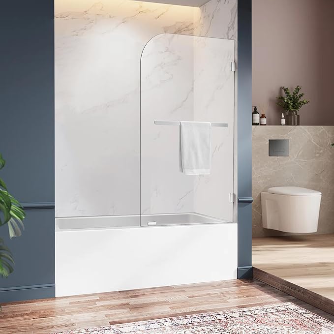 Bathtub Shower Door, 34" W X 58" H Fixed Bathtub Shower Glass Panel in Polished Chrome Finish, 1/4"(6mm) Clear Tempered Frameless Shower Glass Door, Tub Shower Panel with Clamps and Handle