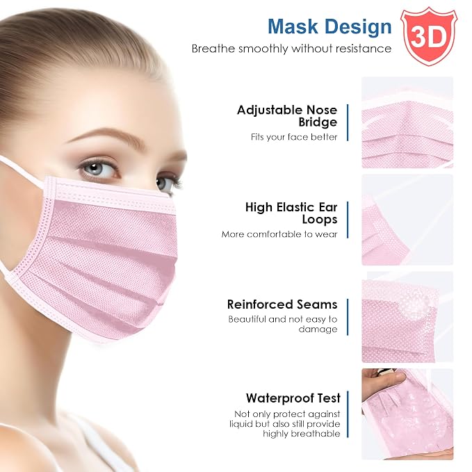 NNPCBT Pink Disposable Face Masks 125 Pack, 3-Ply Breathable Mask - Image 3