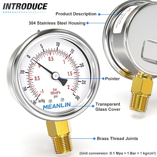 MEANLIN MEASURE -30inHG~30Psi Vacuum Gauge Stainless Steel 1/4" NPT 2" FACE - Image 4