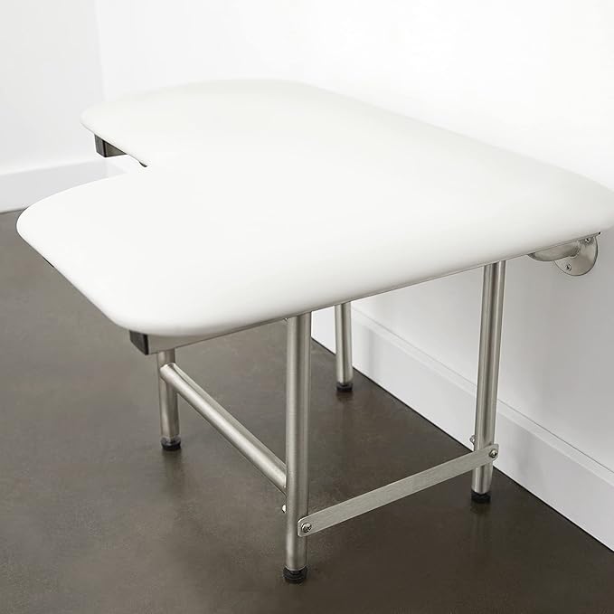 32" x 22.5" White Padded Wall Mount Folding Left-Handed Transfer Bench Shower Seat with Legs, ADA Compliant