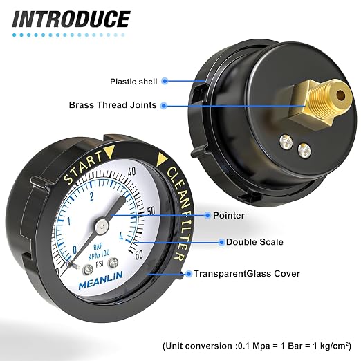 MEANLIN MEASURE 0~60Psi Plastic Frame 1/4" NPT Start and Clean Filter Pressure - Image 5
