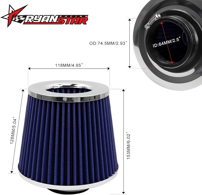 RYANSTAR RACING 63mm 2.5" High Flow Round Tapered Cone Cool Air Filter Cleaner - Image 2