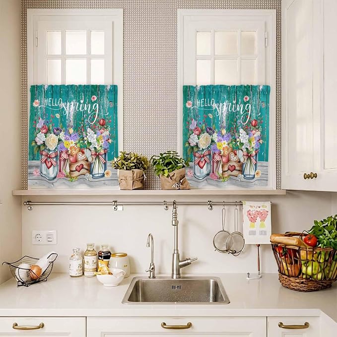 Spring Flowers Kitchen Curtain Set, Farmhouse Watercolor Teal Wood Grain Window - Image 4
