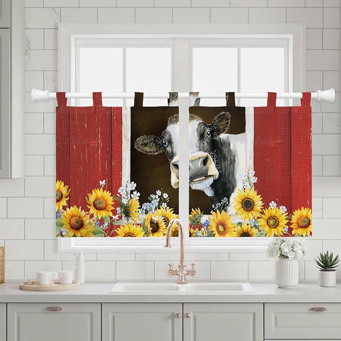 Cows Sunflowers Kitchen Curtains 24 Inch Length, Small Window Curtains Tab Top - Image 3